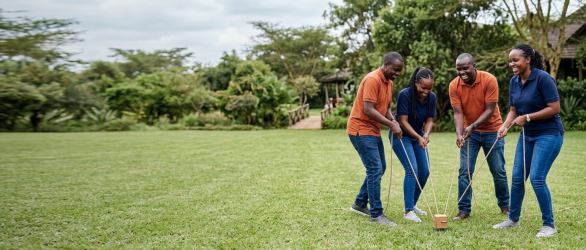 Kenyan corporate team collaborating in an outdoor rope and block coordination challenge on lush retreat grounds