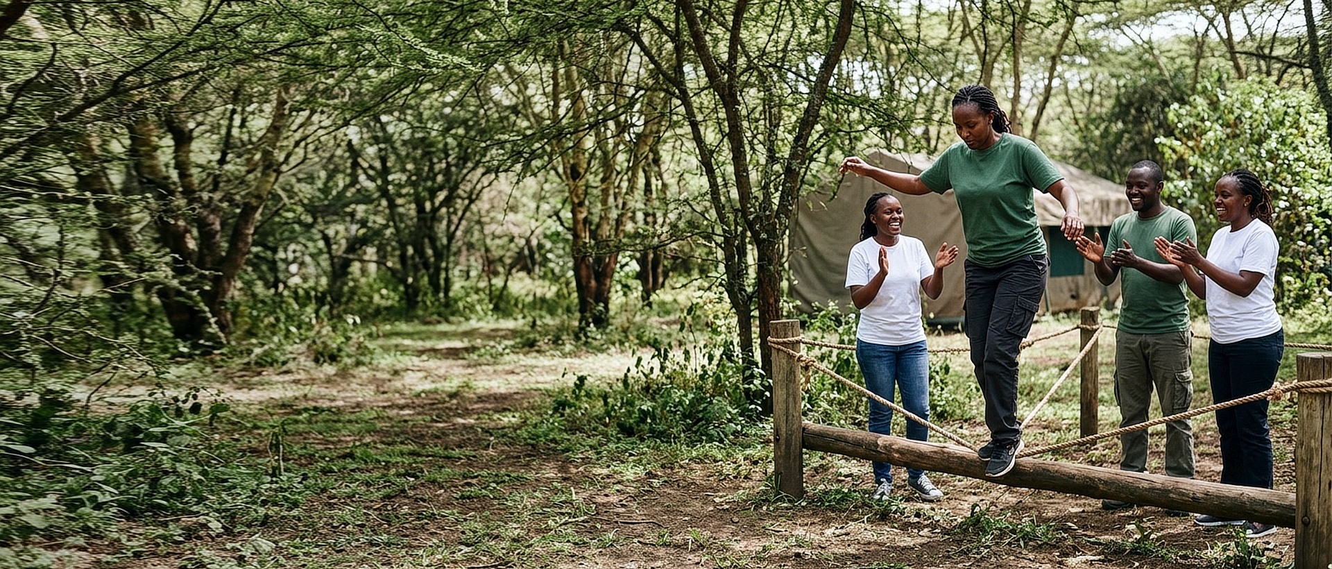 Corporate teammates cheering and spotting a colleague across an outdoor timber balance beam obstacle challenge in Kenya