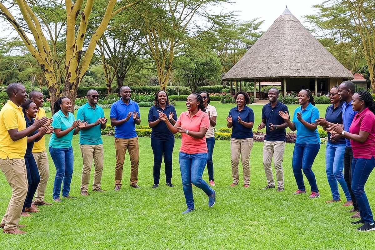 Joyful Kenyan Chama and corporate group in an outdoor bonding circle on a Naivasha resort lawn