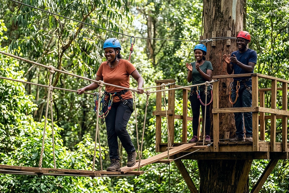 Corporate team crossing a suspended canopy bridge during a high ropes and zip line challenge in Kenya