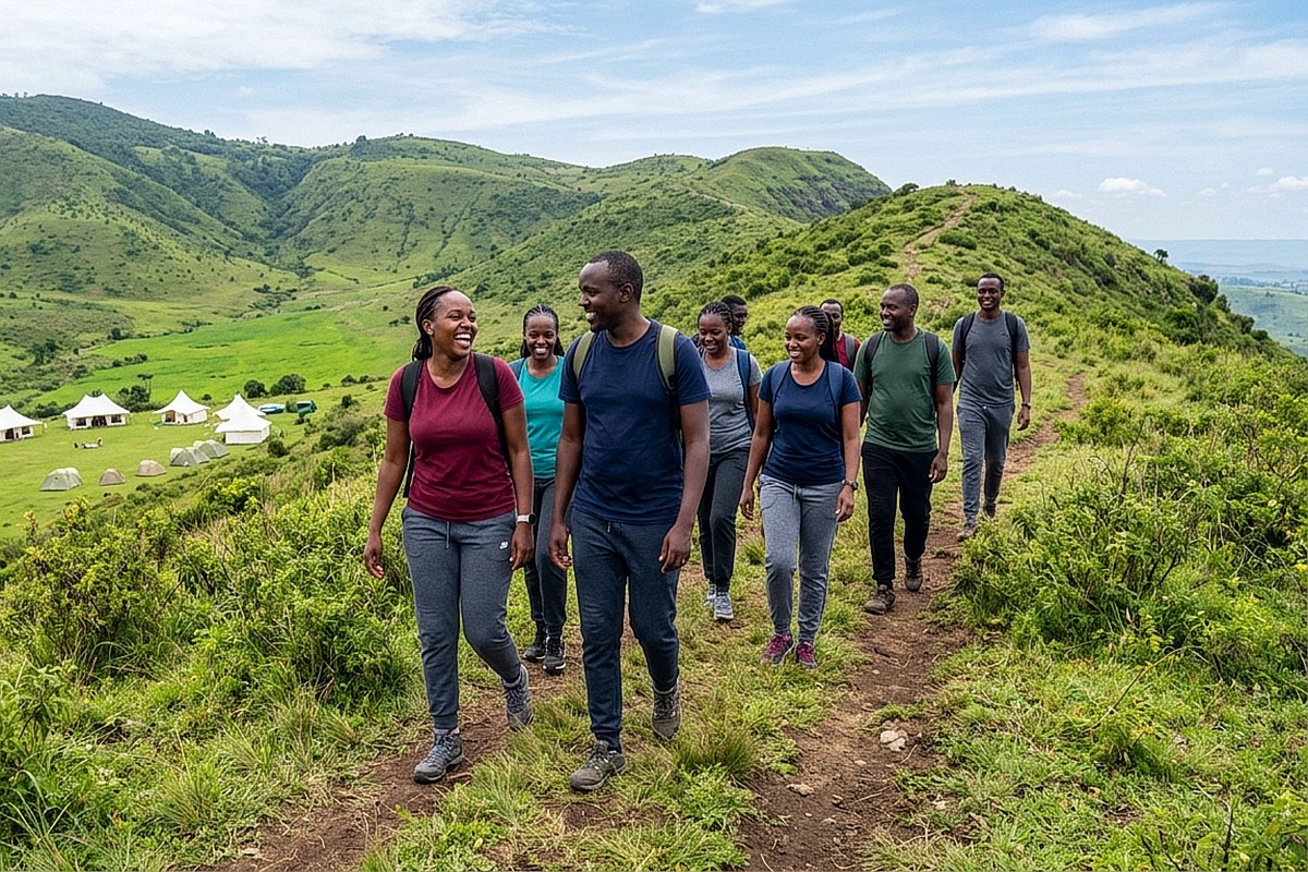 Corporate colleagues hiking along a scenic green hill trail in Kenya with camping tents below