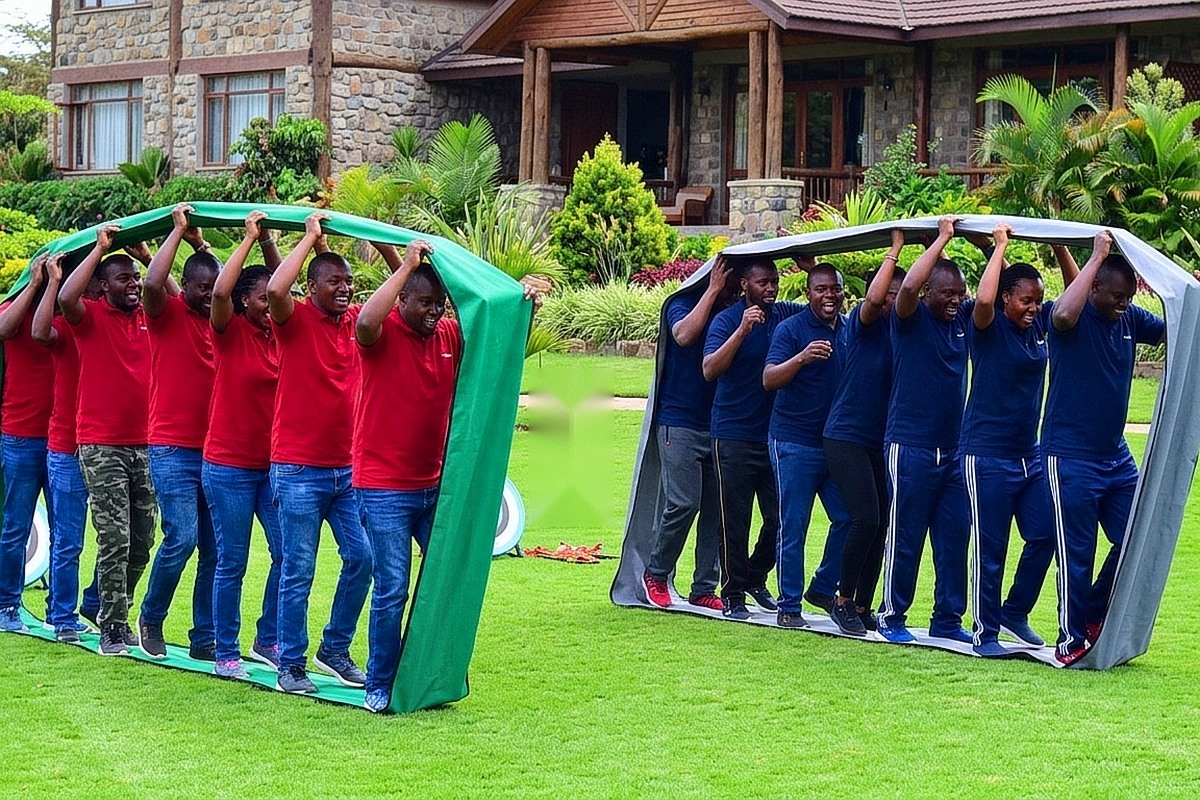 SACCO and corporate teams racing in human caterpillar loops on a Kenyan resort lawn