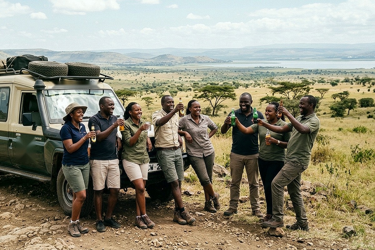 Corporate team gathered beside a Kenyan safari expedition vehicle overlooking the Rift Valley savannah