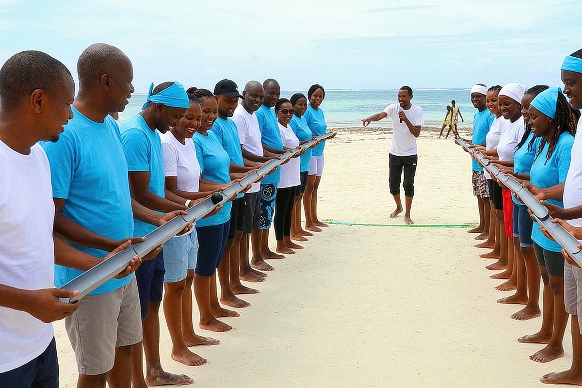 Kenyan corporate team collaborating in a beachfront PVC pipeline challenge on Diani Beach Mombasa
